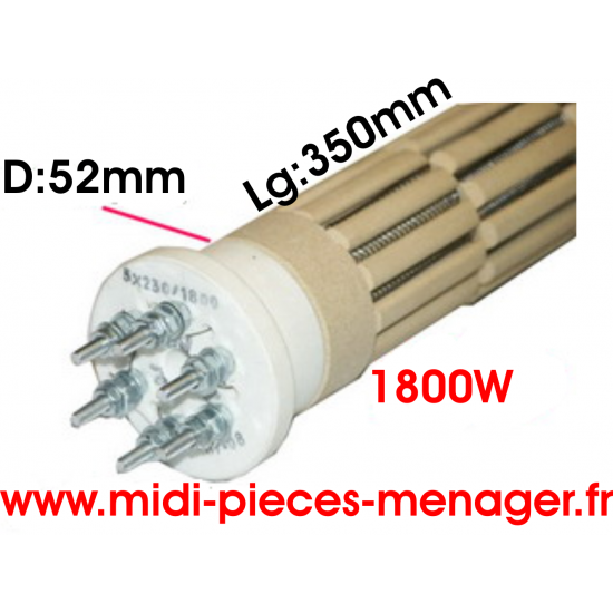 steatite 1800W dia.52mm Lg:350mm triphasé