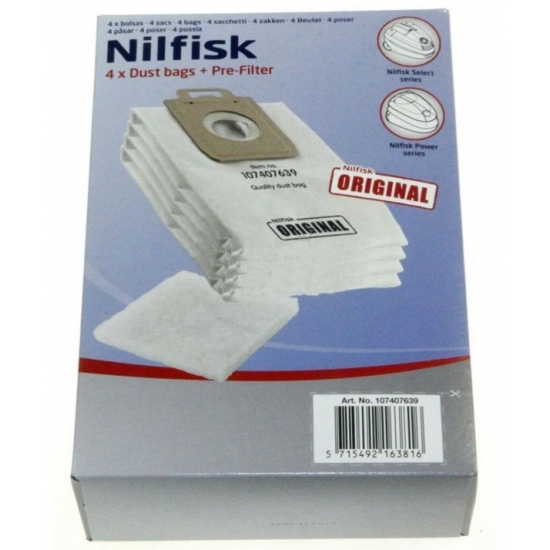 kit de 4 sacs aspirateur + pré filtre aspirateur select power classic nilfisk 107407639