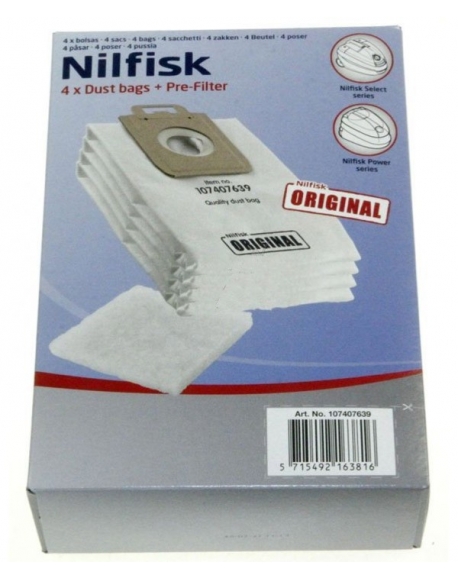 kit de 4 sacs aspirateur + pré filtre aspirateur select power classic nilfisk 107407639