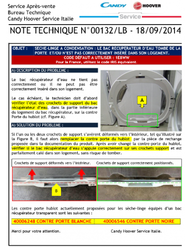 reservoir eau pour seche linge CANDY HOOVER...