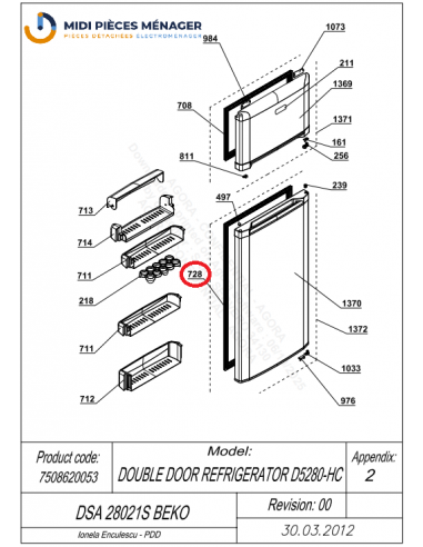 JOINT DE PORTE DE REFRIGERATEUR BEKO C00873199