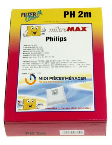 PH2M LOT DE 4 SACS + FILTRE HEPA ALTERNATIVE PHILIPS