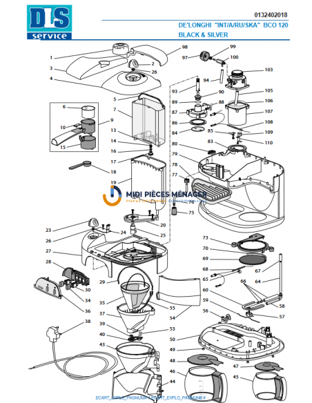 couvercle reservoir cafetiere expresso BCO120 BCO130 delonghi 5332182900